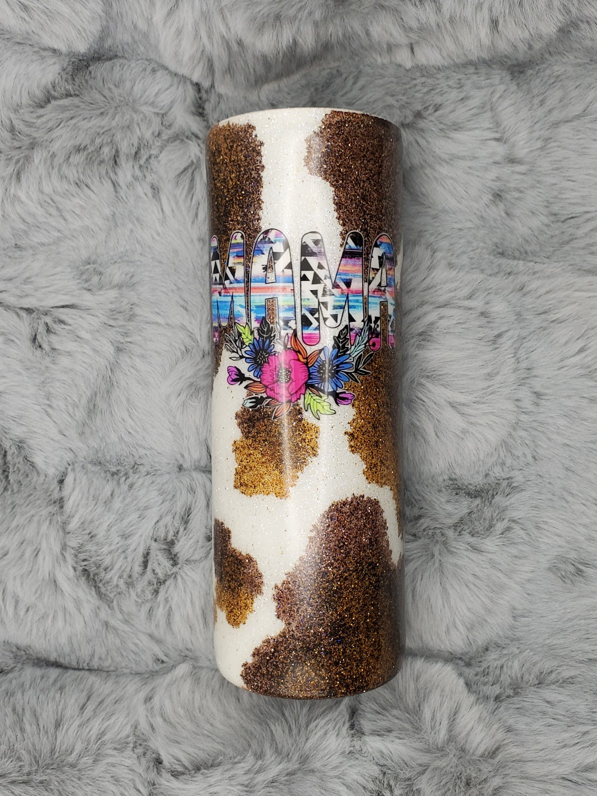 Mama Aztec Pattern with Flowers Glitter Tumbler 20oz Skinny