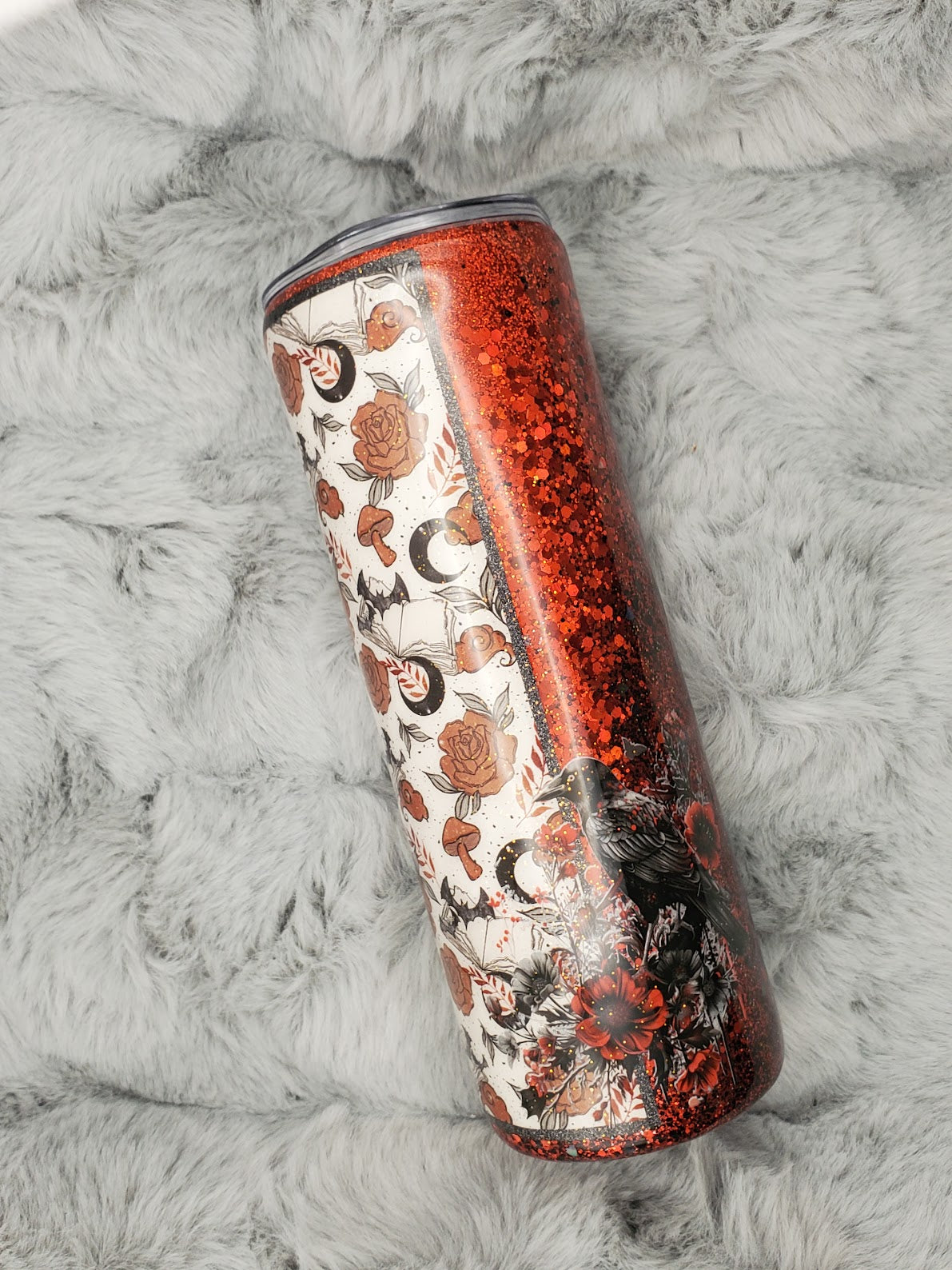 Crow with Black and Red Flowers Glitter Tumbler 20oz Skinny