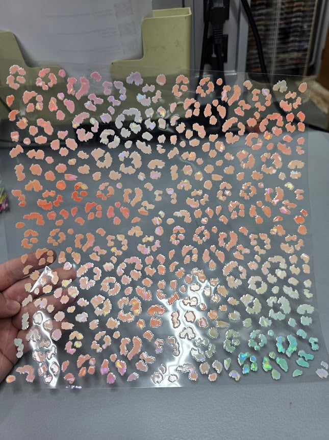 UVDTF Shattered Holographic Peach Small Fuzzy Leopard Print 11"x11"
