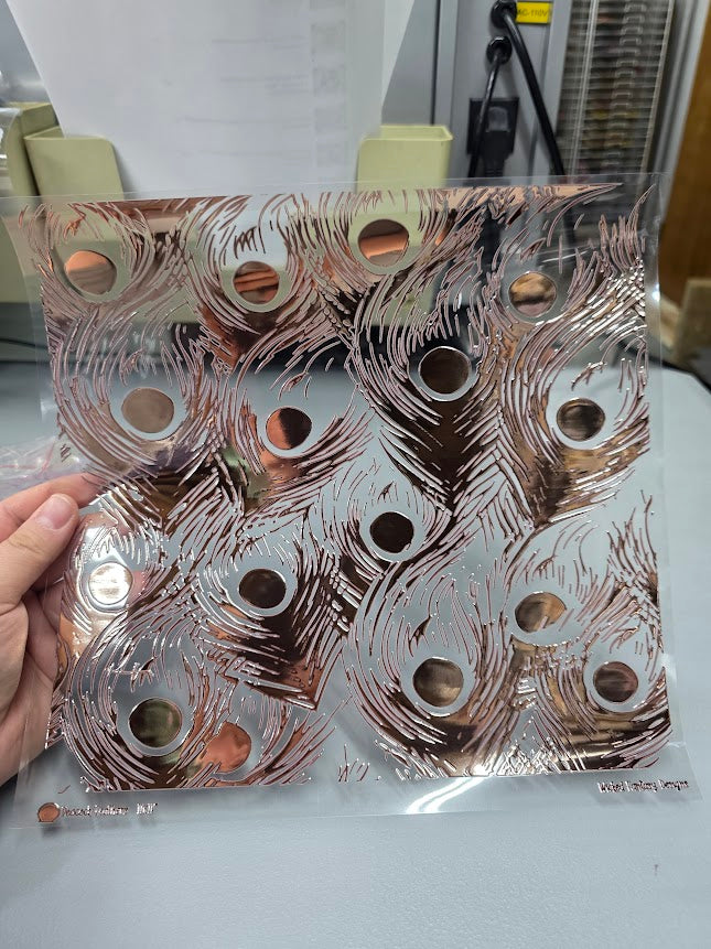 UVDTF Rose Gold Metallic Peacock Feathers 11"x11"