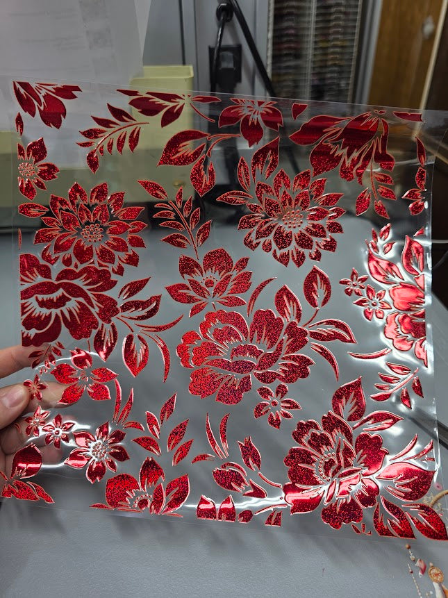 UVDTF Prism Red Metallic Dahlia and Peonies 11"x11"
