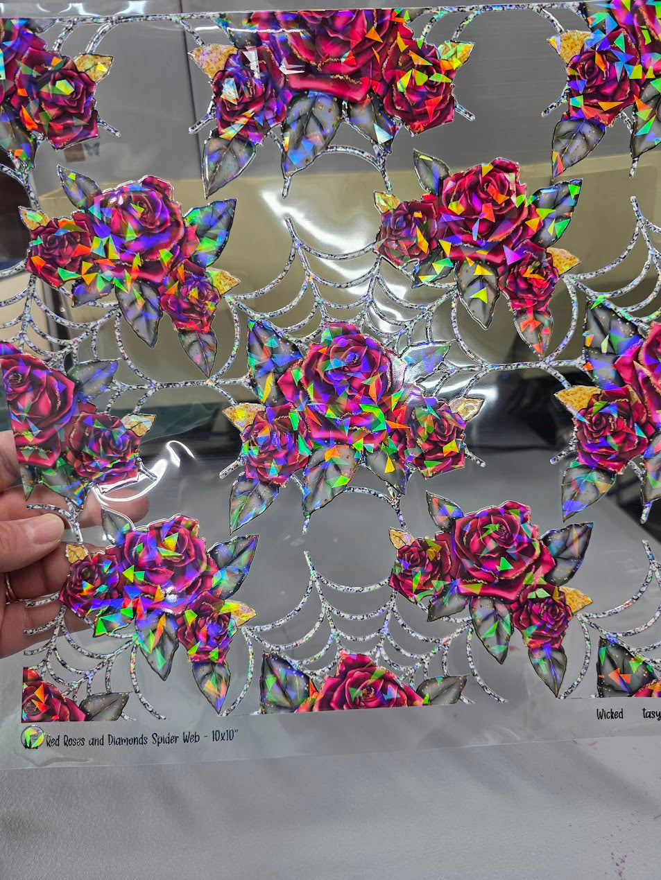 UVDTF Shattered Holographic Spiderweb Roses 11"x11"
