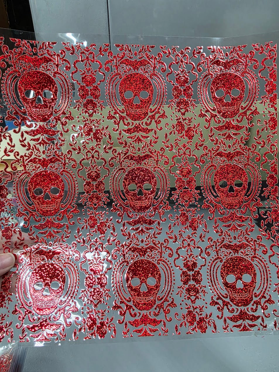 UVDTF Prism Red Metallic Gothic Skull Damask 11"x11"