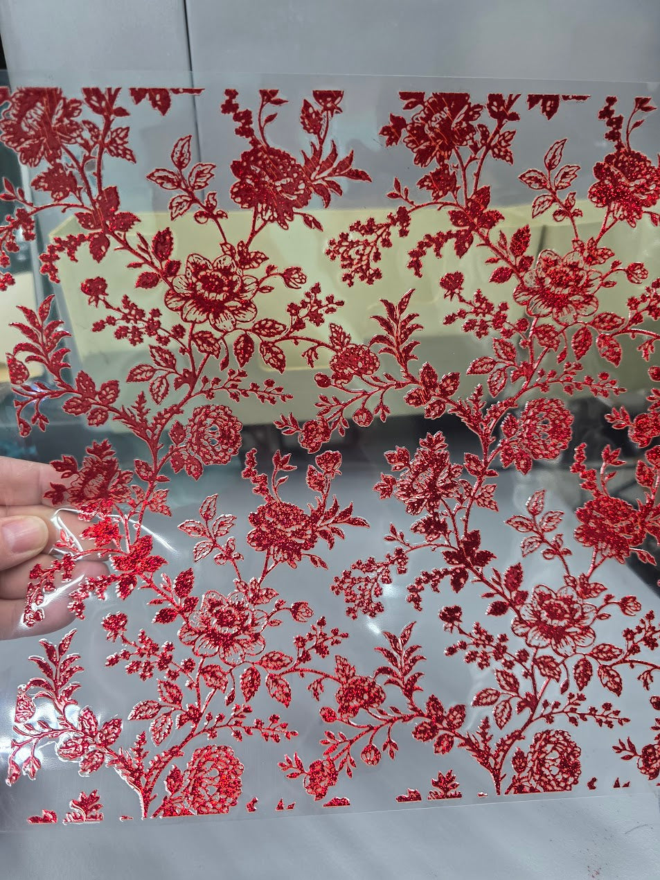 UVDTF Prism Red Metallic Toile De Jouy Floral 11"x11"