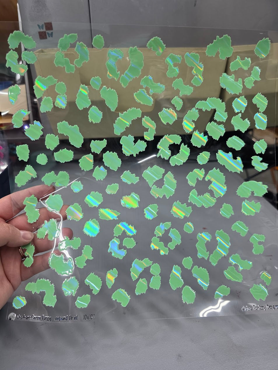 UVDTF Laser Holographic Seafoam Green Leopard 11"x11"