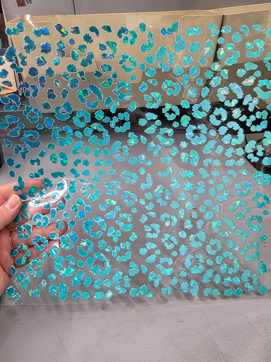 UVDTF Shattered Holographic Teal Small Leopard Print 11"x11"