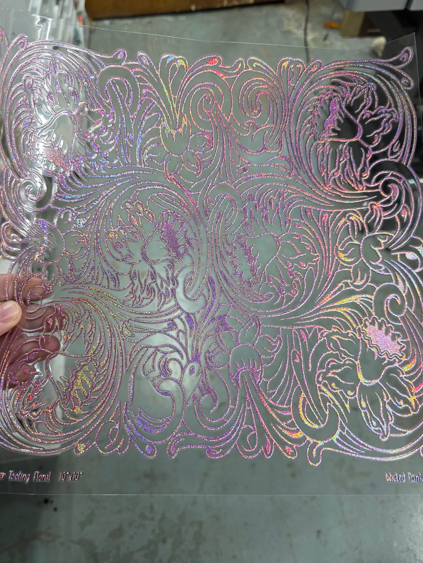 UVDTF Prism Rose Holographic Leather Tooling Floral 11"x11"