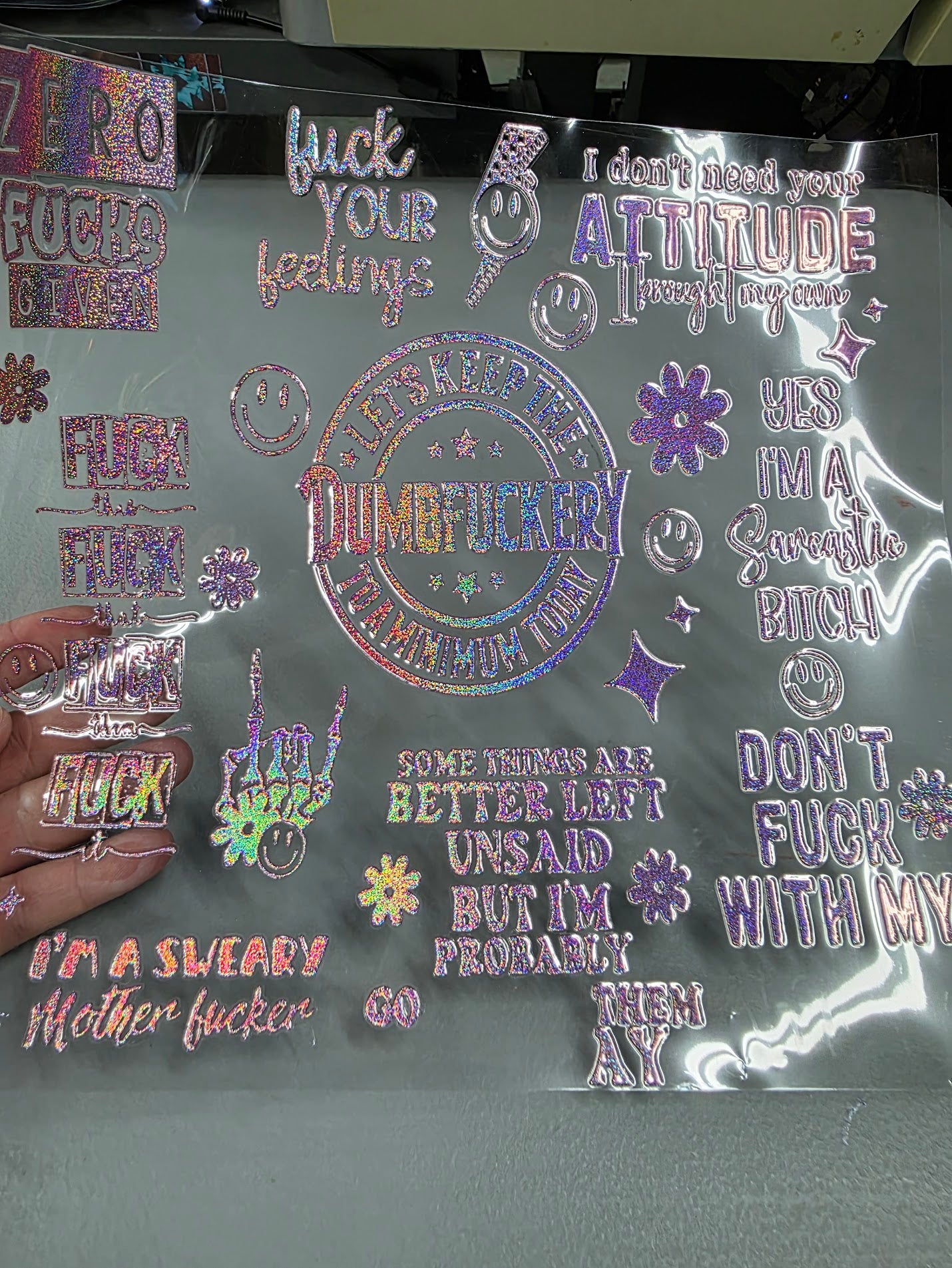 UVDTF Prism Rose Holographic Lets Keep the DumbF*ckery 11"x11"