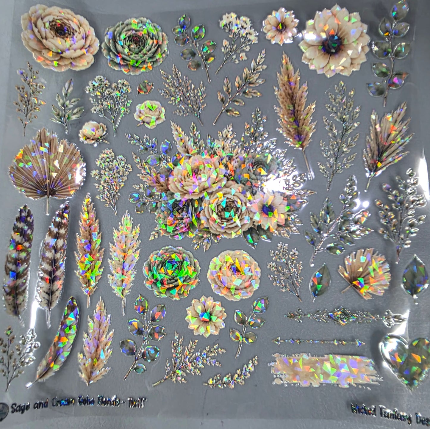 UVDTF Shattered Holographic Sage and Cream Boho Florals 11"x11"