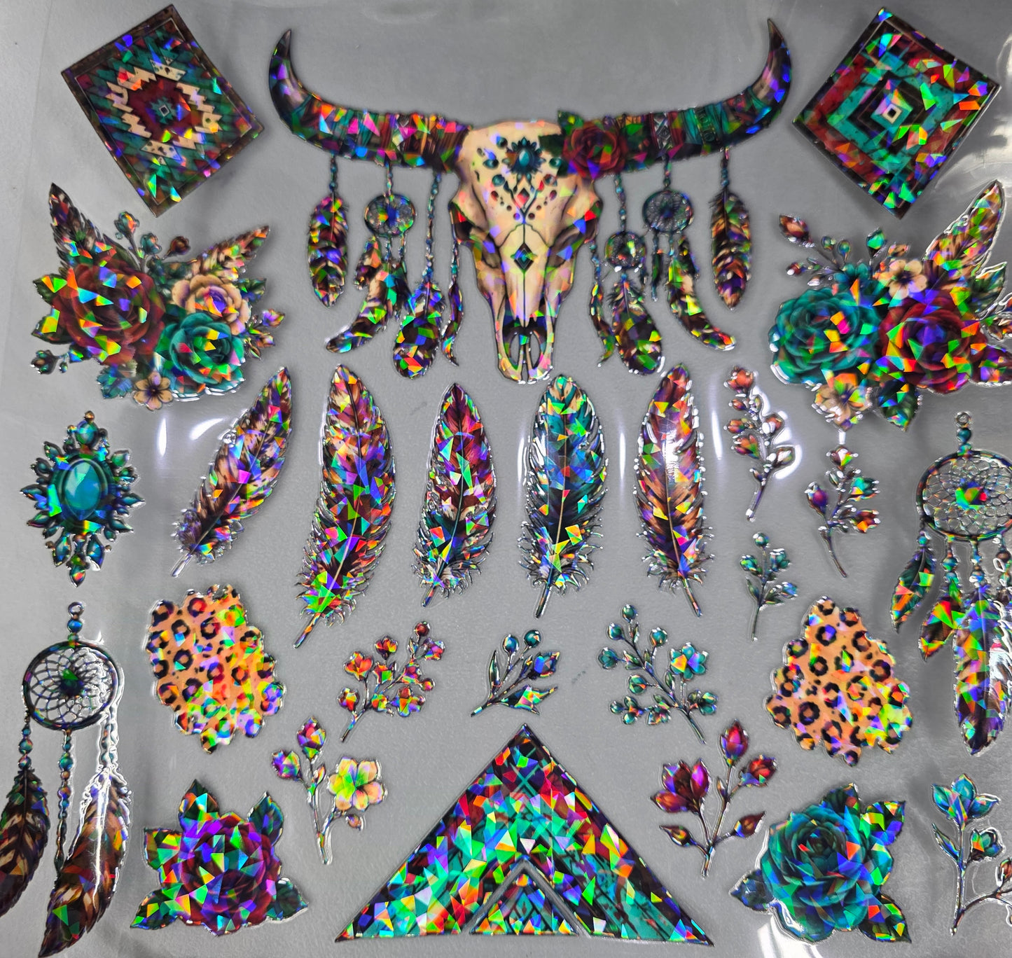 UVDTF Shattered Holographic Teal and Red Boho Cow Skull 11"x11"