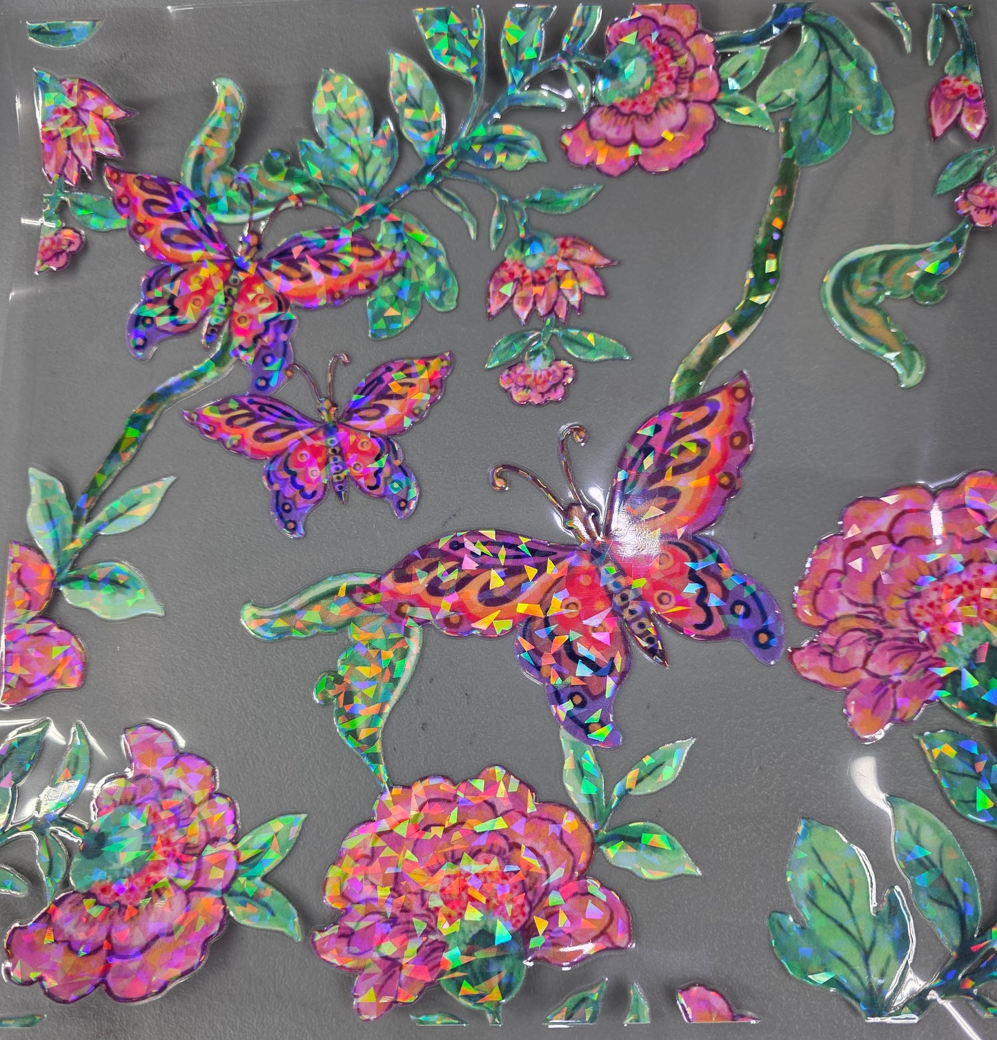 UVDTF Shattered Holographic Pink Butterflies and Floral 11"x11"
