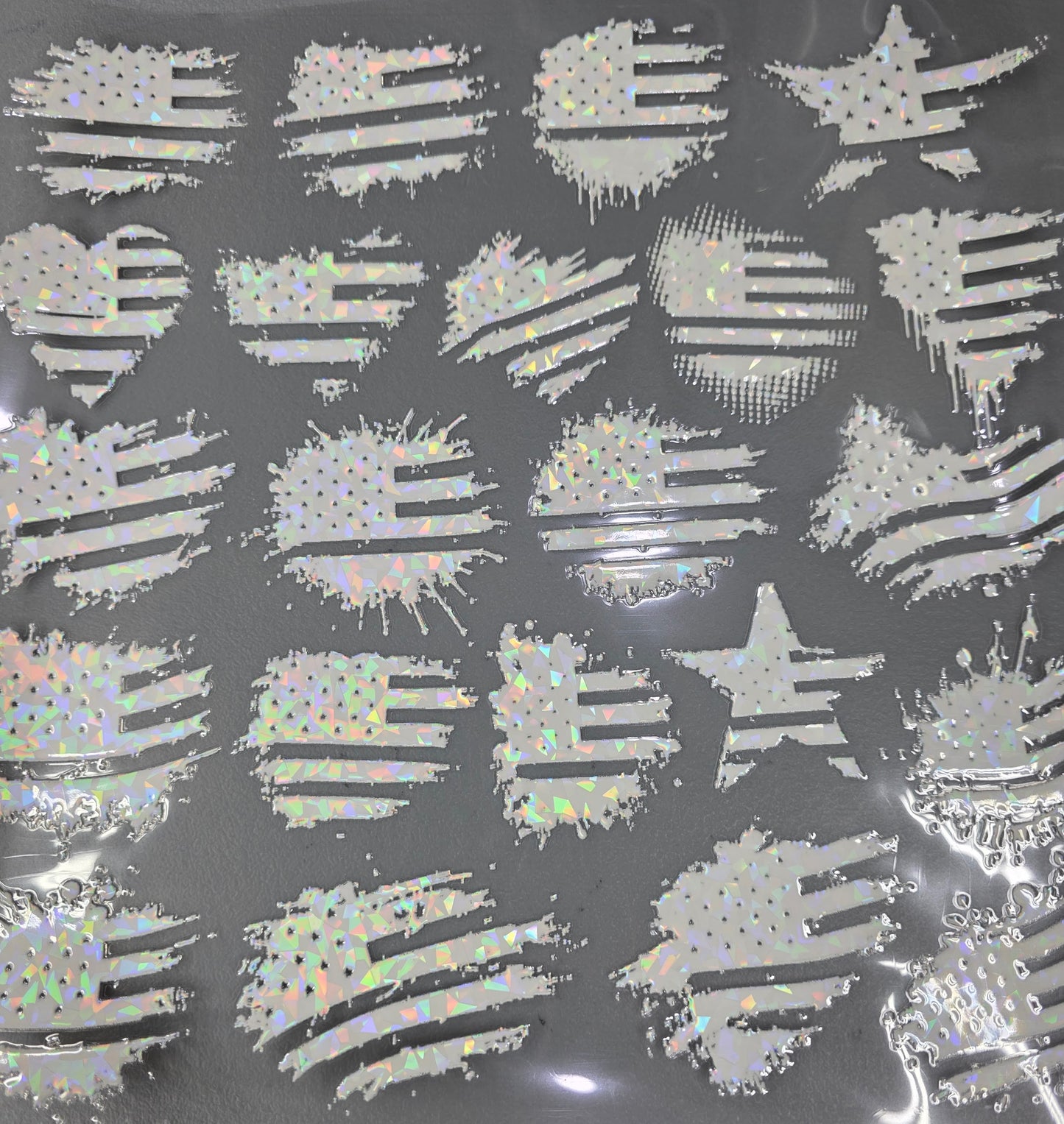 UVDTF Shattered Holographic White American Flag Splatters 11"x11"