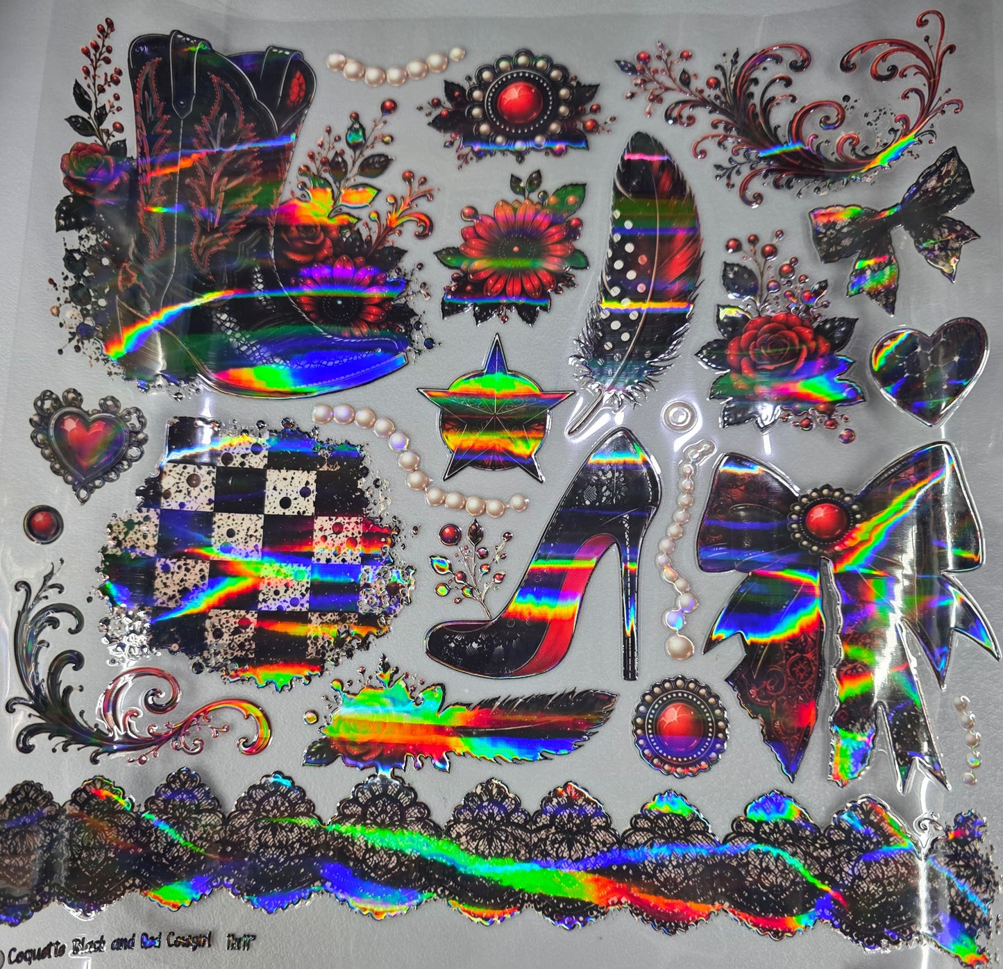 UVDTF Laser Holographic Coquette Black and Red Cowgirl 11"x11
