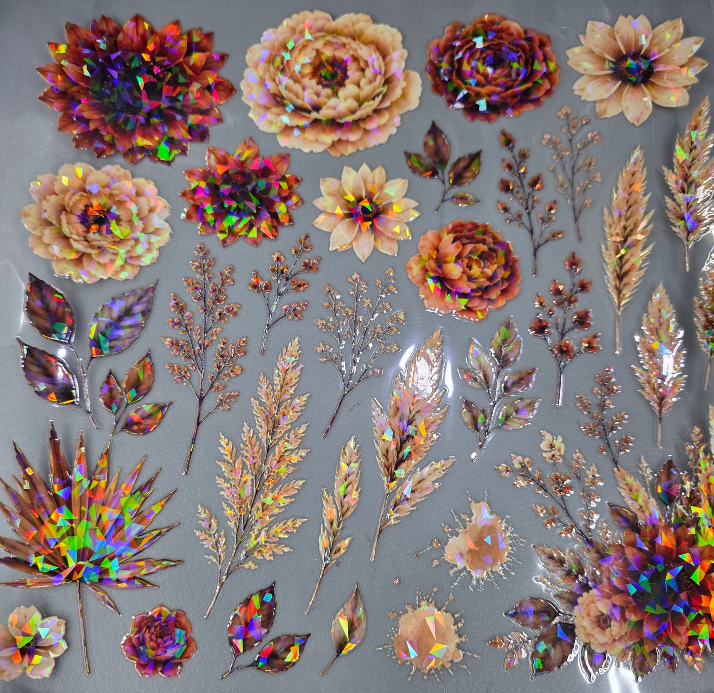 UVDTF Shattered Holographic Pampas Grass and Rust Florals 11"x11"