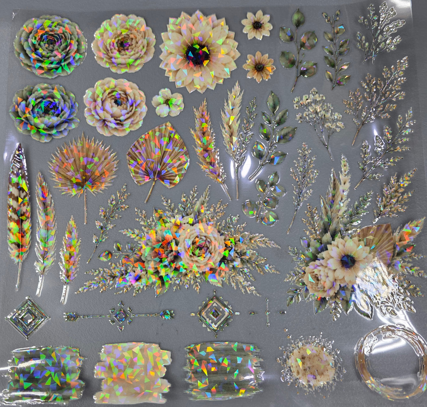 UVDTF Shattered Holographic Boho Sage and Cream Floral 11"x11"