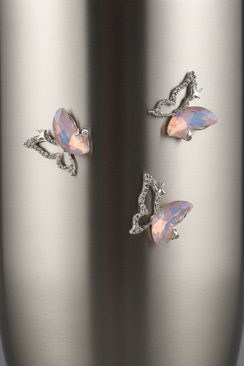 Silver Butterfly with Pink Stone Tumbler Embellishment Nail Charm 15mm