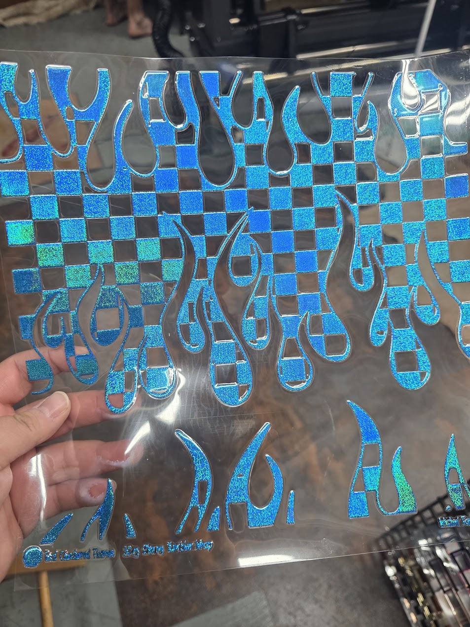 UVDTF Prism Blue Holographic Checkered Flames 11"x11"