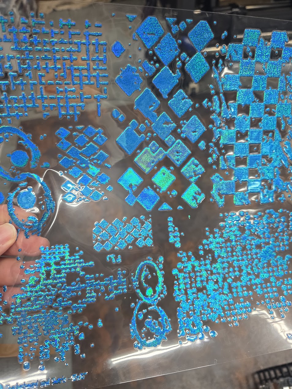 UVDTF Prism Blue Holographic Checkerboard and Swirls 11"x11"