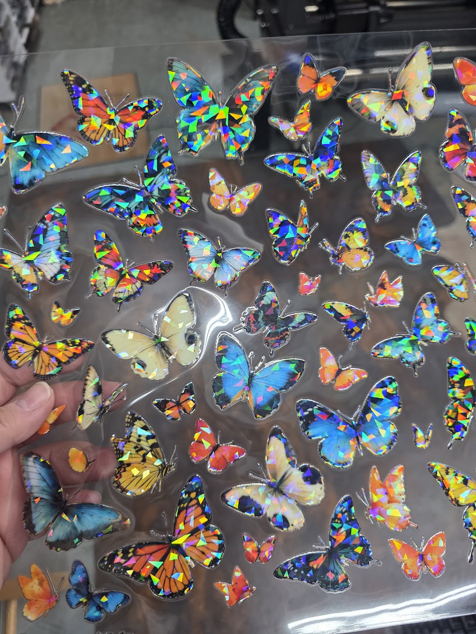 UVDTF Shattered Holographic Teal Butterflies 11"x11"