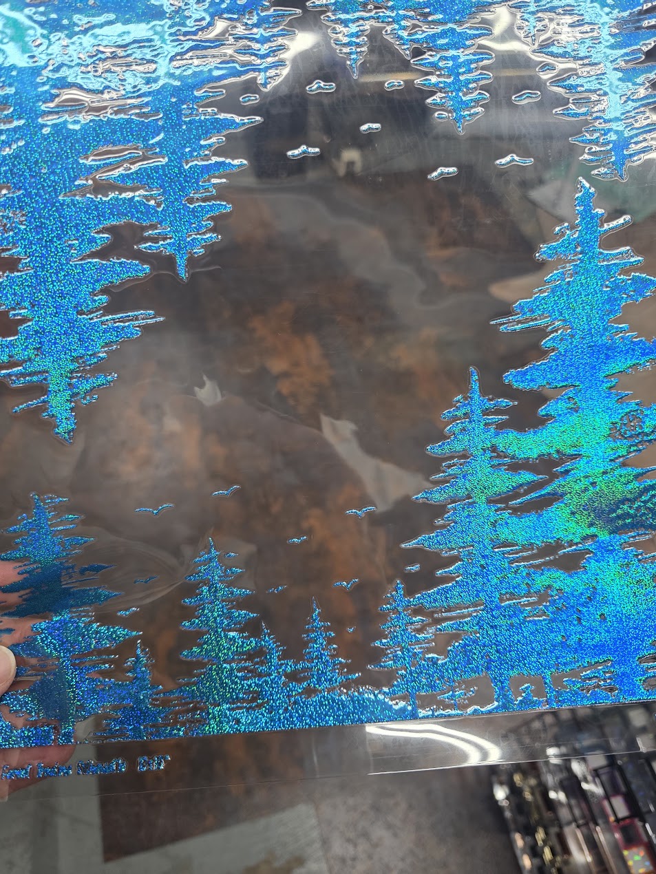 UVDTF Prism Blue Holographic Forest Treeline Silhouette 11"x11"