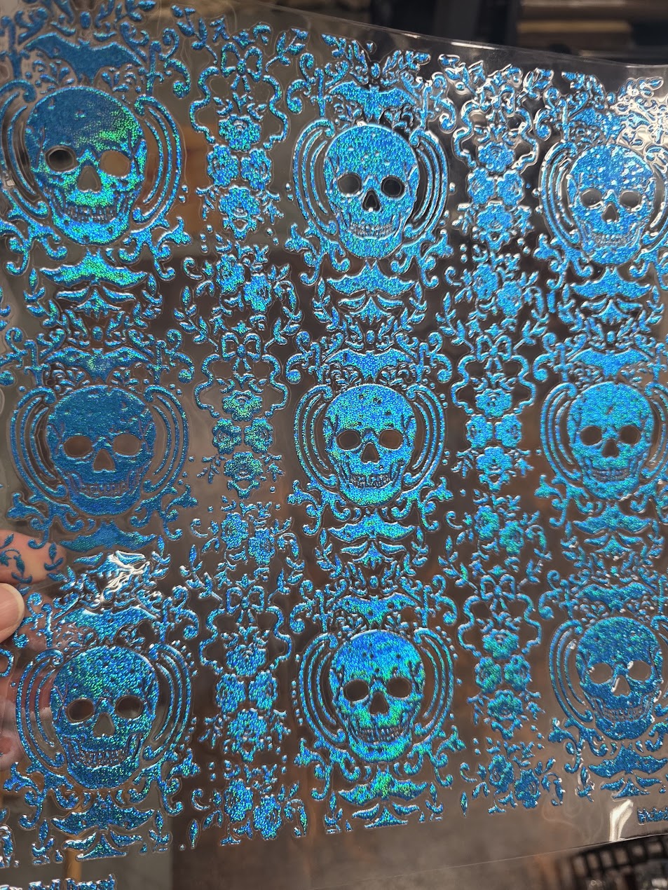 UVDTF Prism Blue Holographic Gothic Skull Damask 11"x11"