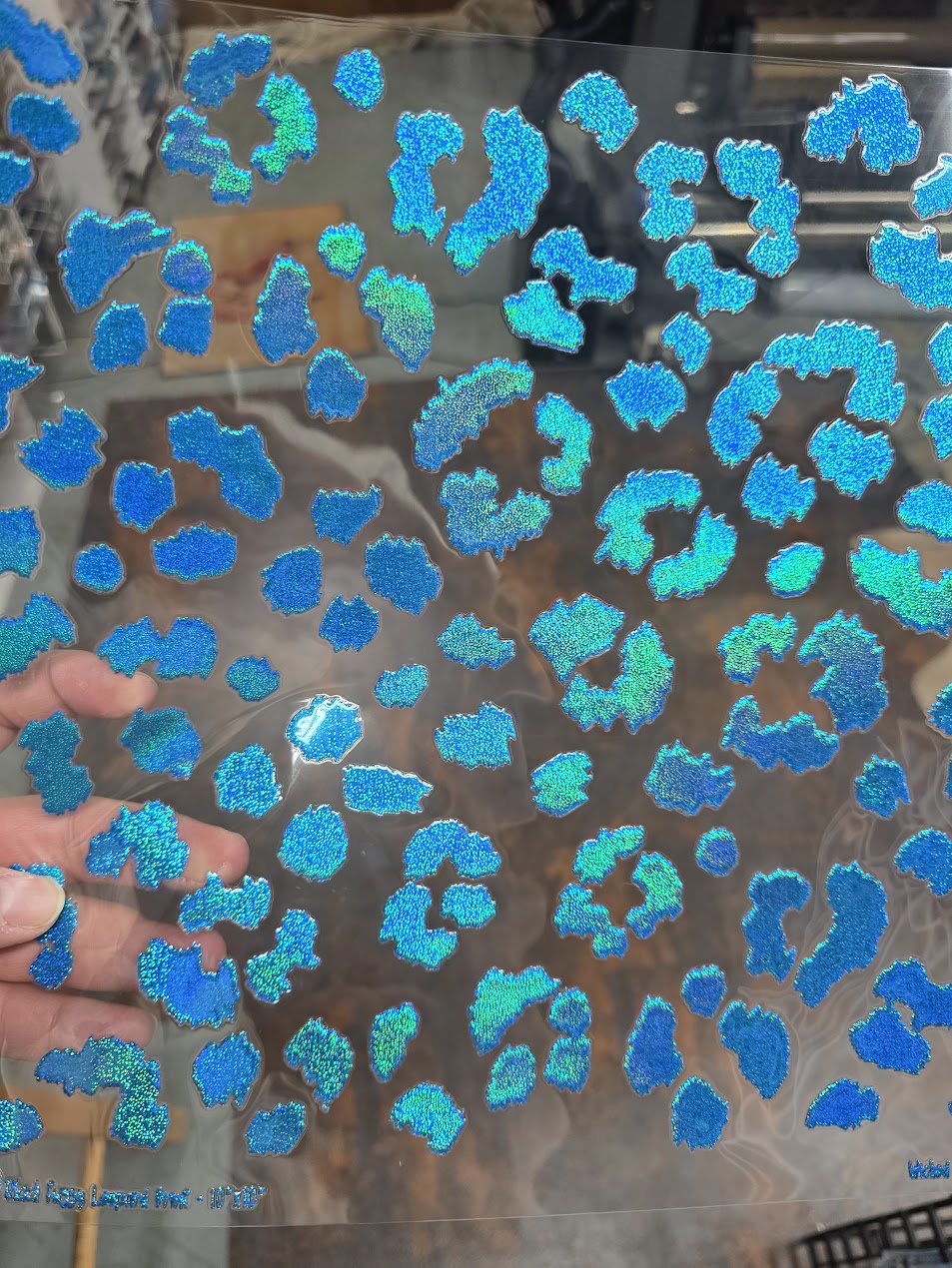UVDTF Prism Blue Holographic Large Fuzzy Leopard Print 11"x11"