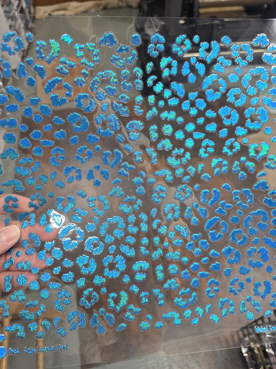 UVDTF Prism Blue Holographic Small Fuzzy Leopard Print 11"x11"