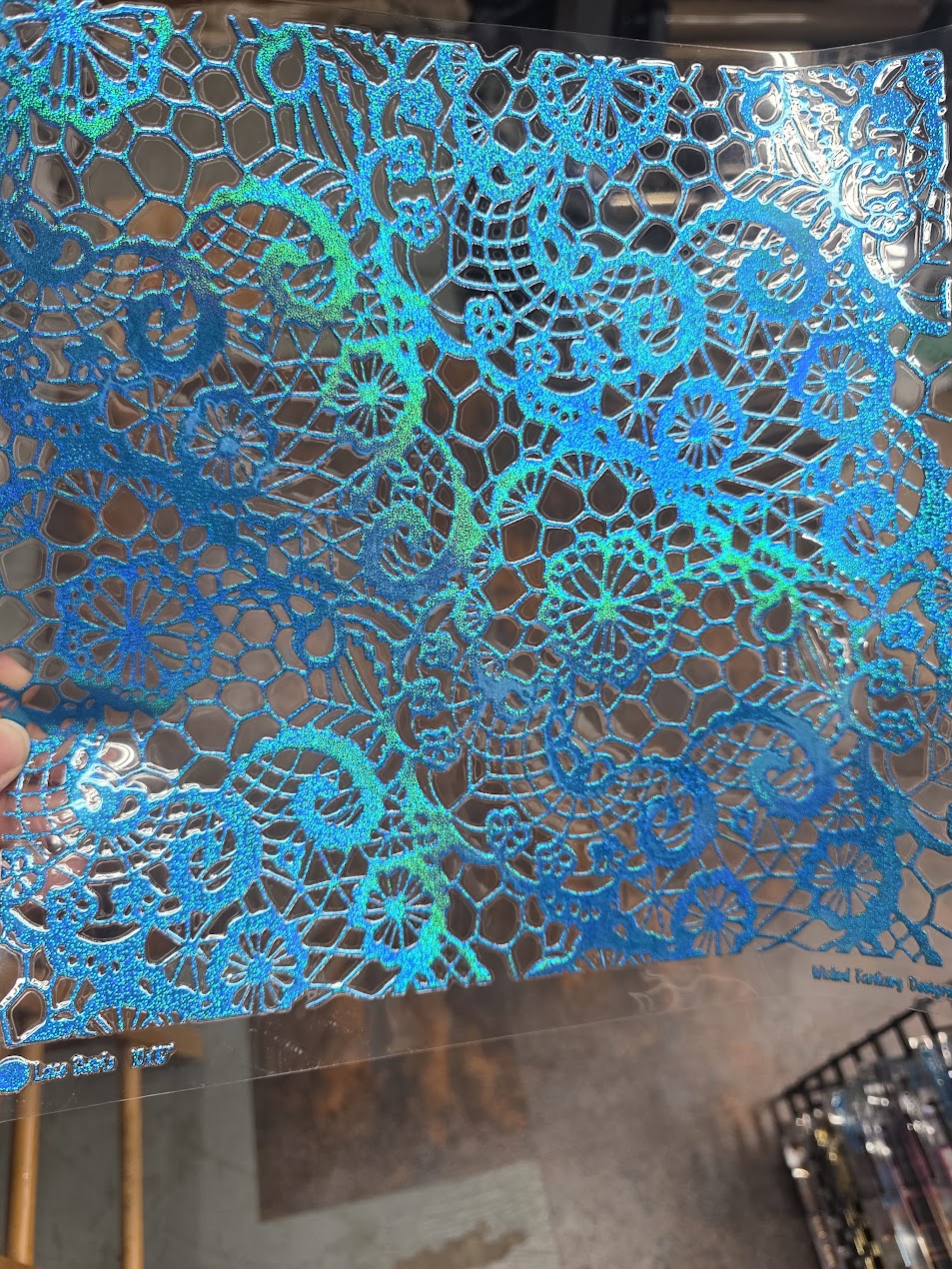 UVDTF Prism Blue Holographic Lace Swirls 11"x11"