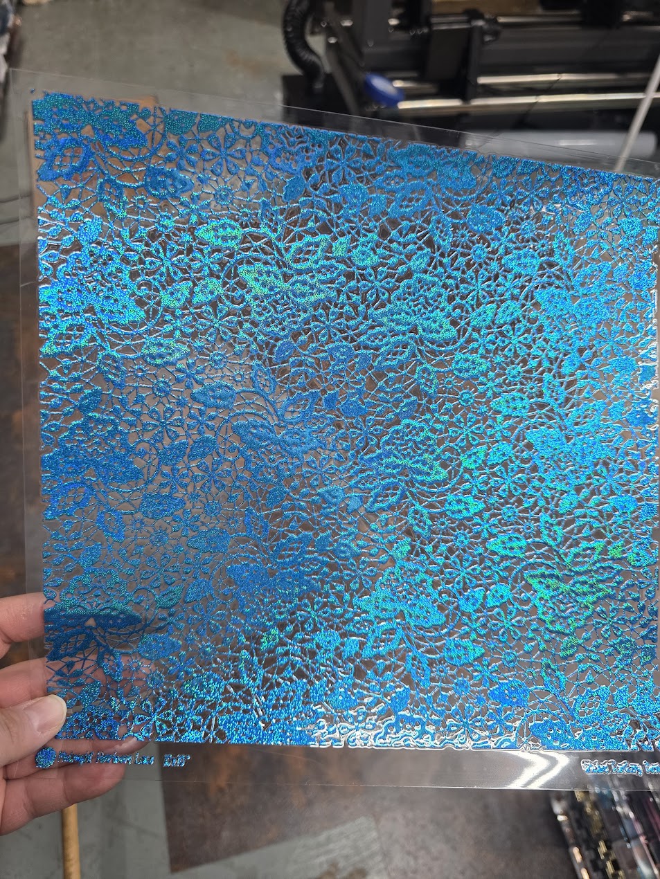 UVDTF Prism Blue Holographic Midnight Heirloom Lace 11"x11"