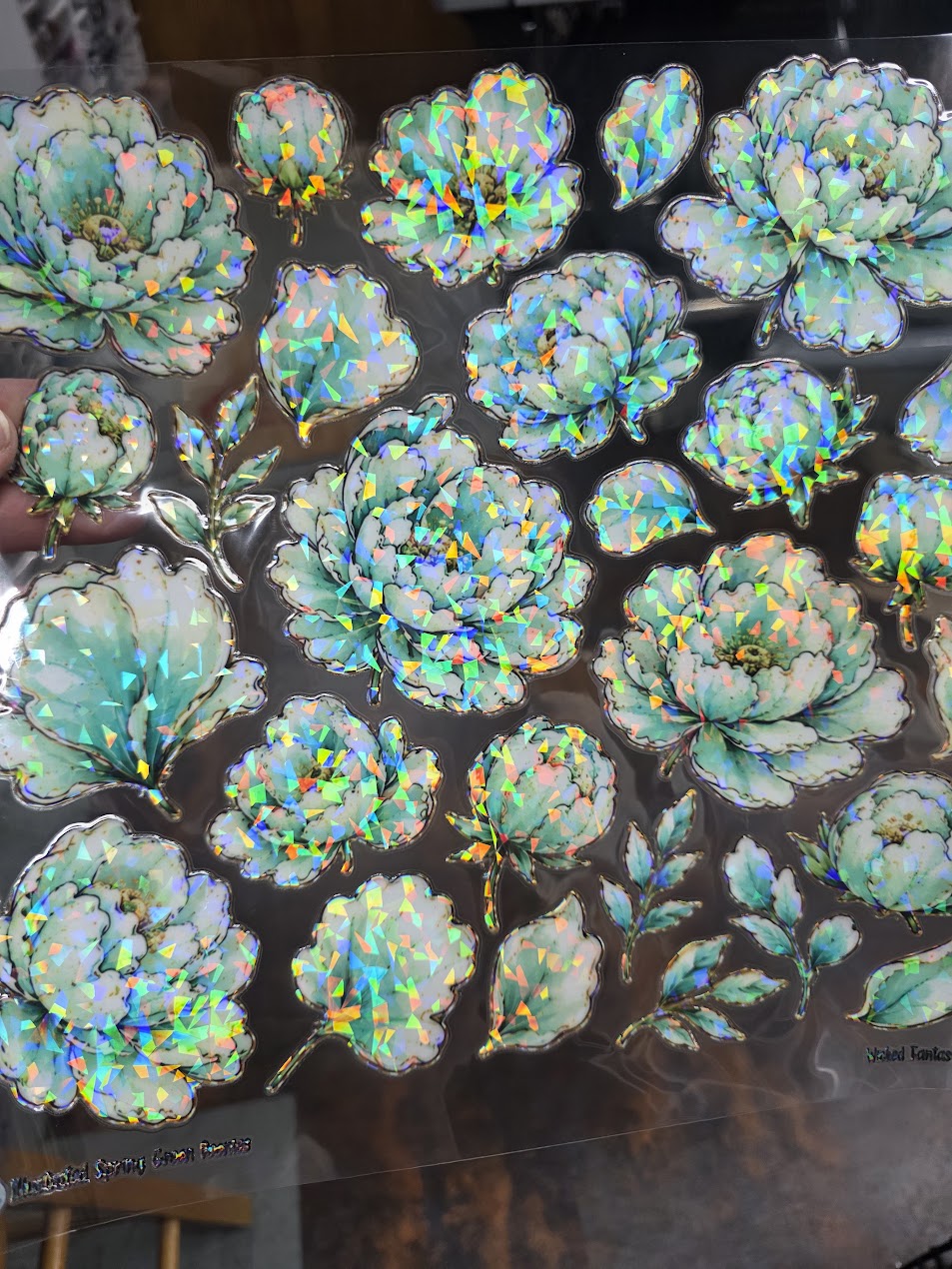 UVDTF Shattered Holographic Spring Green Peonies 11"x11"