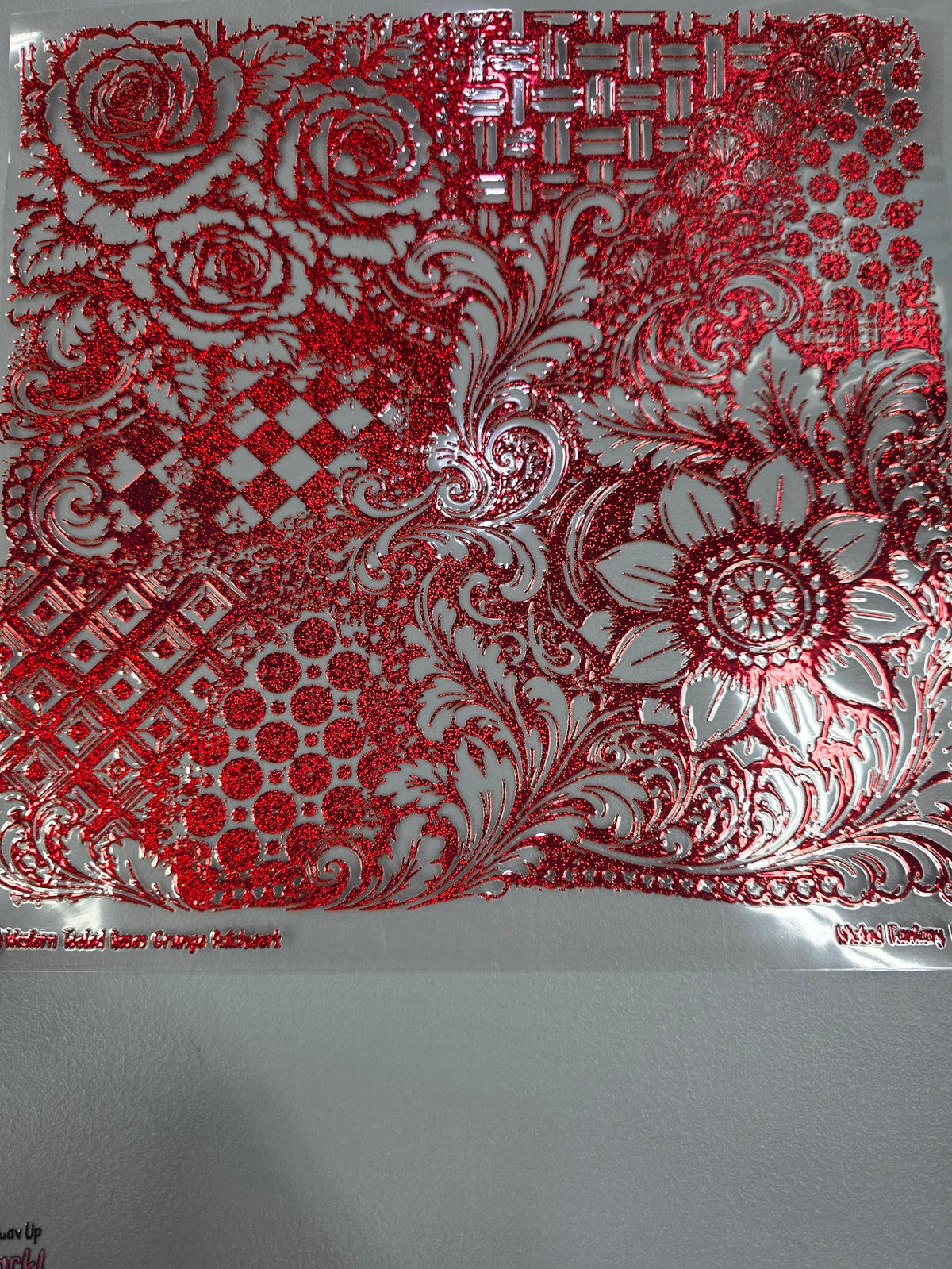 UVDTF Prism Red Metallic Western Tooled Roses Grunge Patchwork 11"x11"