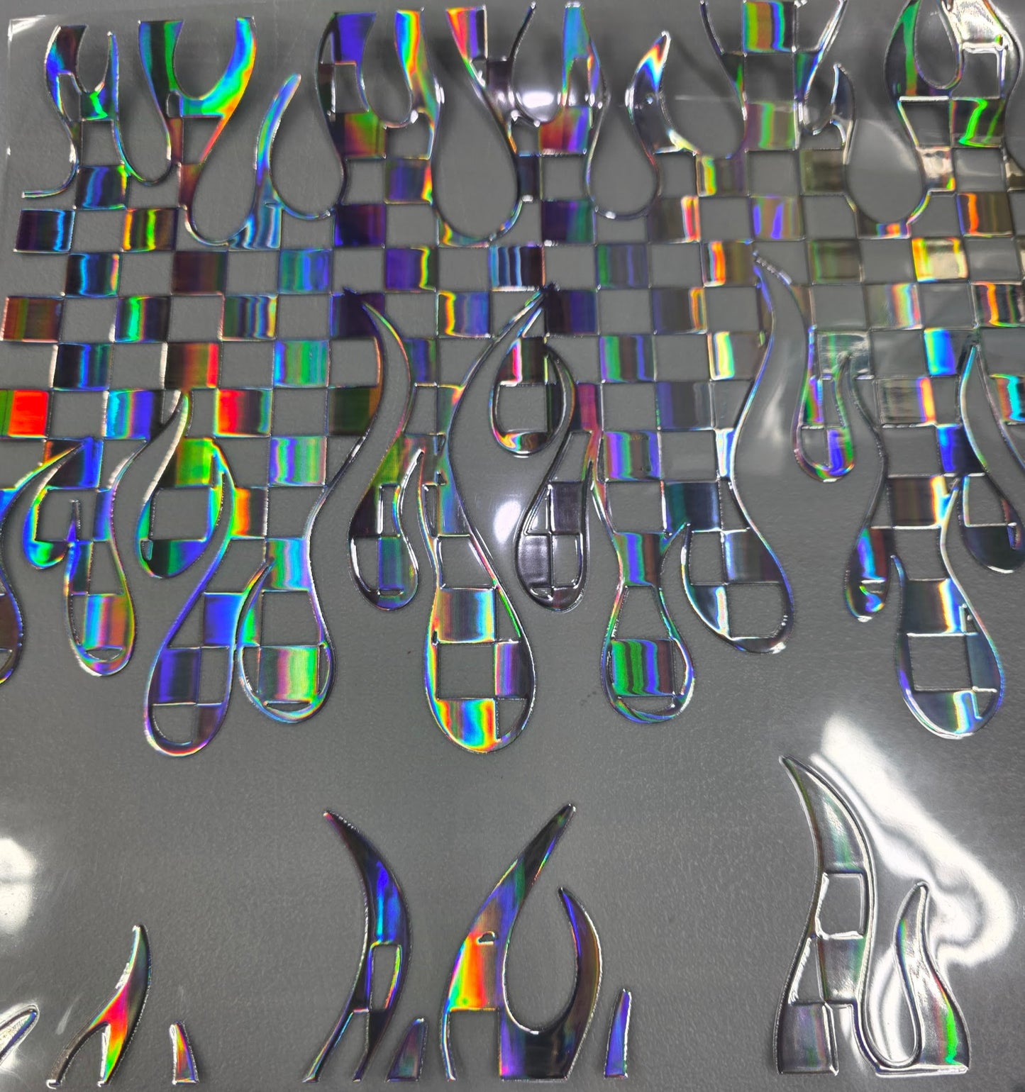 UVDTF Laser Silver Holographic Checkered Flames 11"x11"