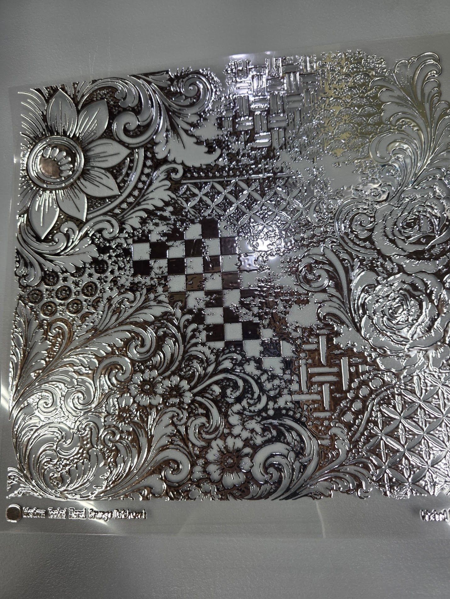 UVDTF Silver Metallic Western Tooled Floral Grunge Patchwork 11"x11"