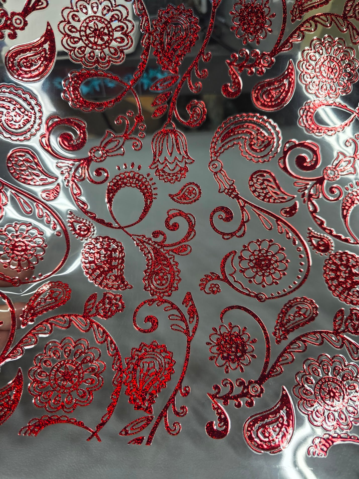 UVDTF Prism Red Metallic Paisley Flourish 11"x11"