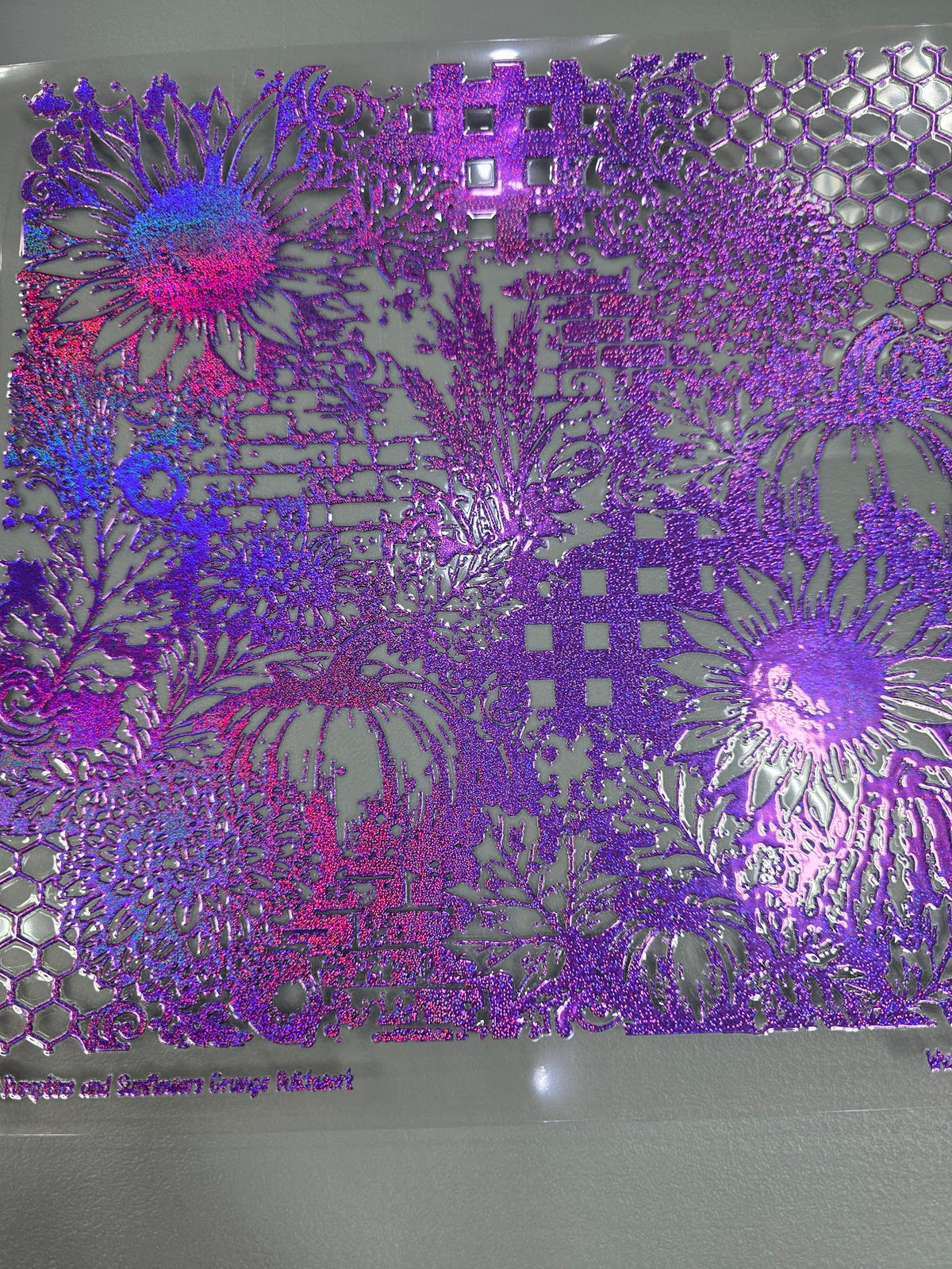 UVDTF Prism Purple Holographic Pumpkins and Sunflowers Grunge Patchwork 11"x11"