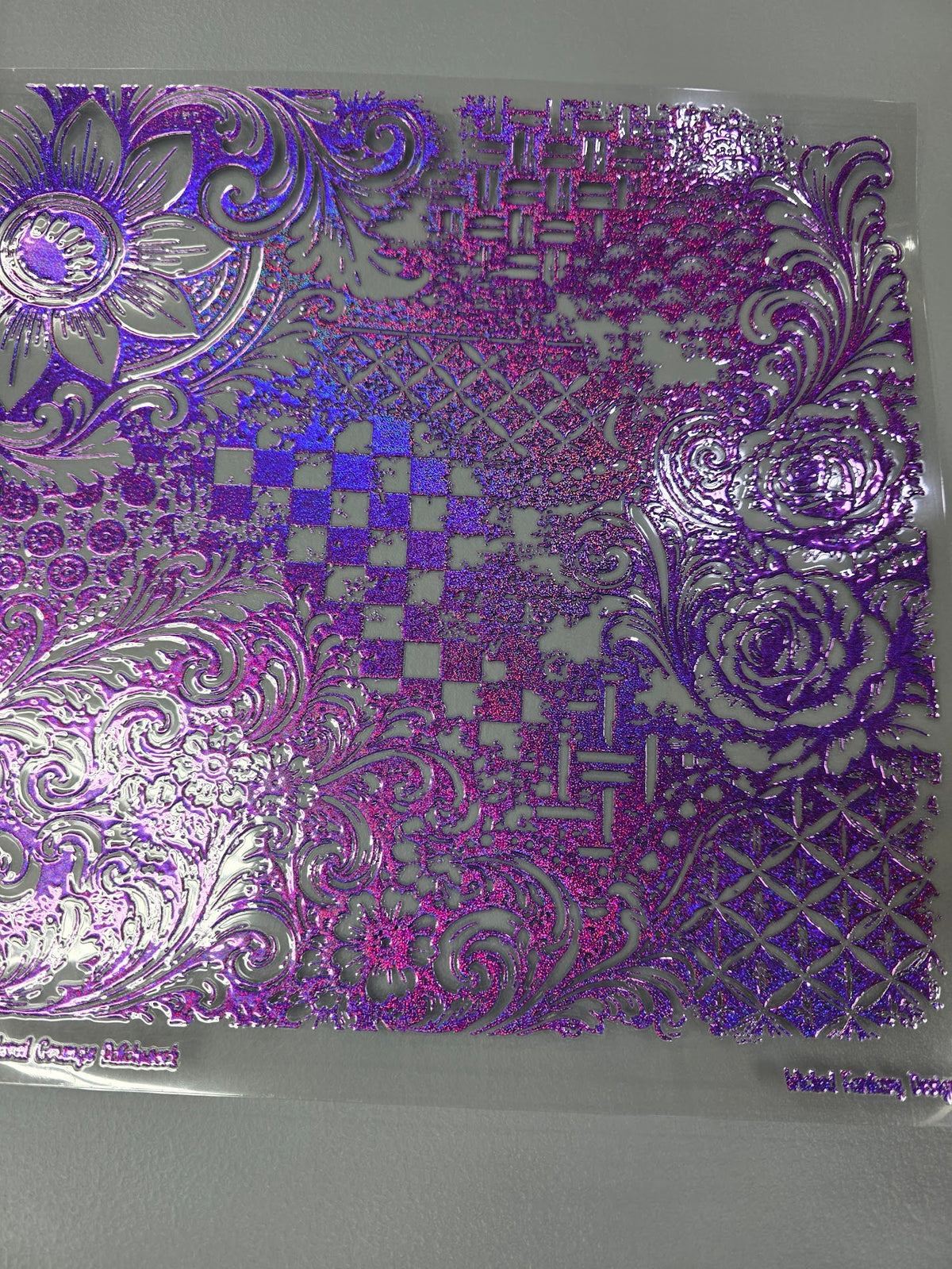 UVDTF Prism Purple Holographic Western Tooled Floral Grunge Patchwork 11"x11"