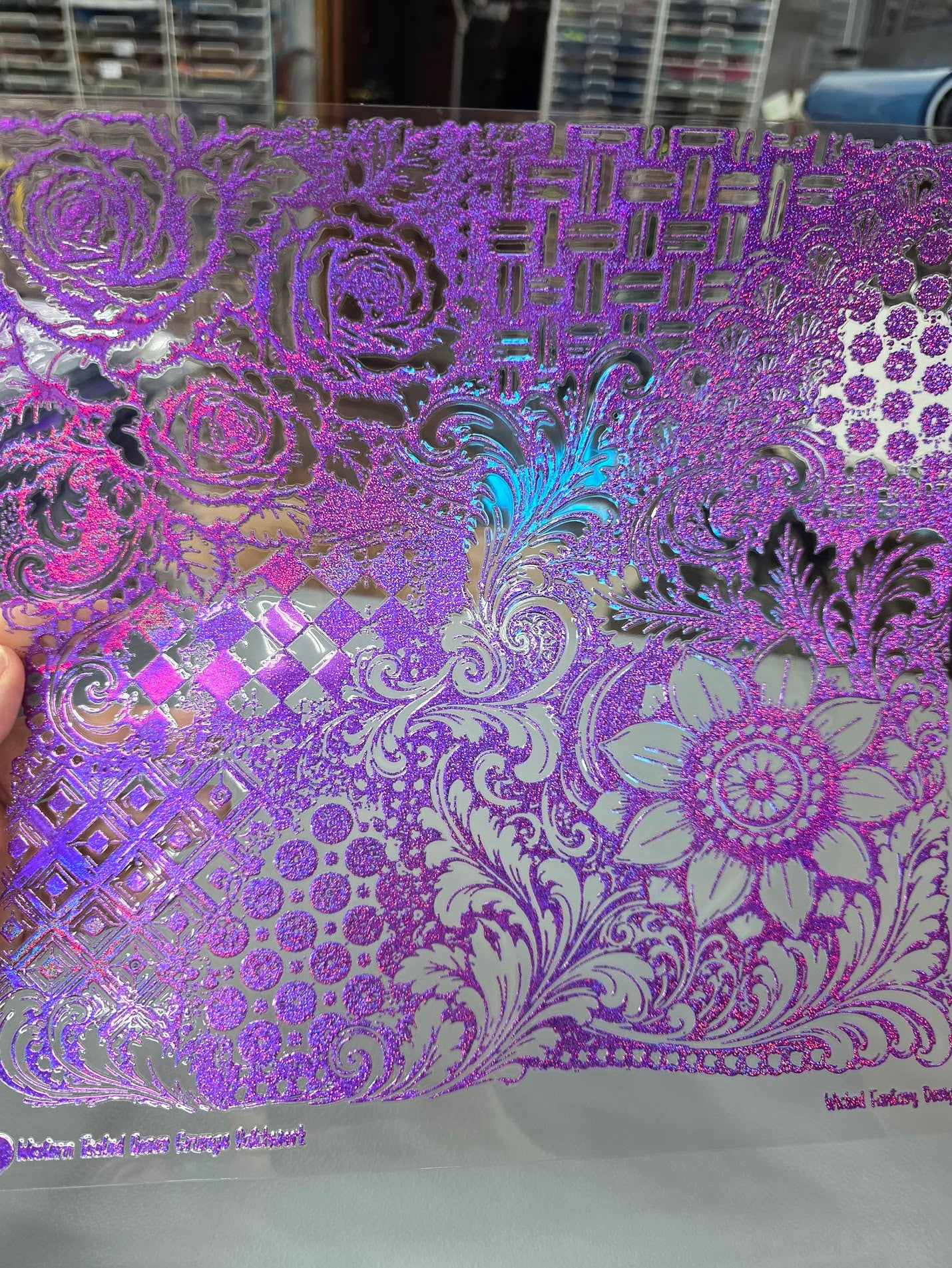UVDTF Prism Purple Holographic Western Tooled Roses Grunge Patchwork 11"x11"