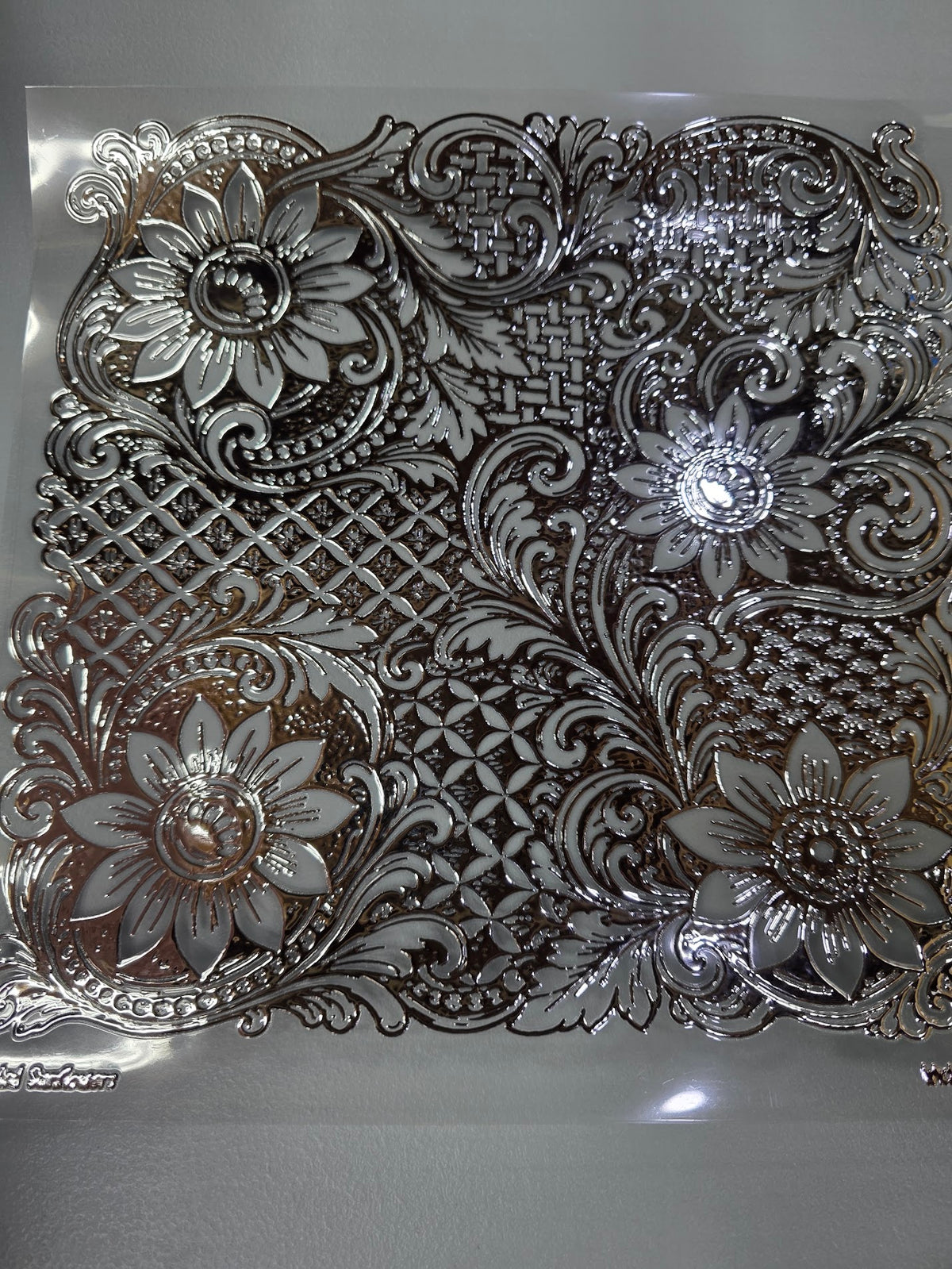 UVDTF Silver Metallic Tooled Sunflowers 11"x11"