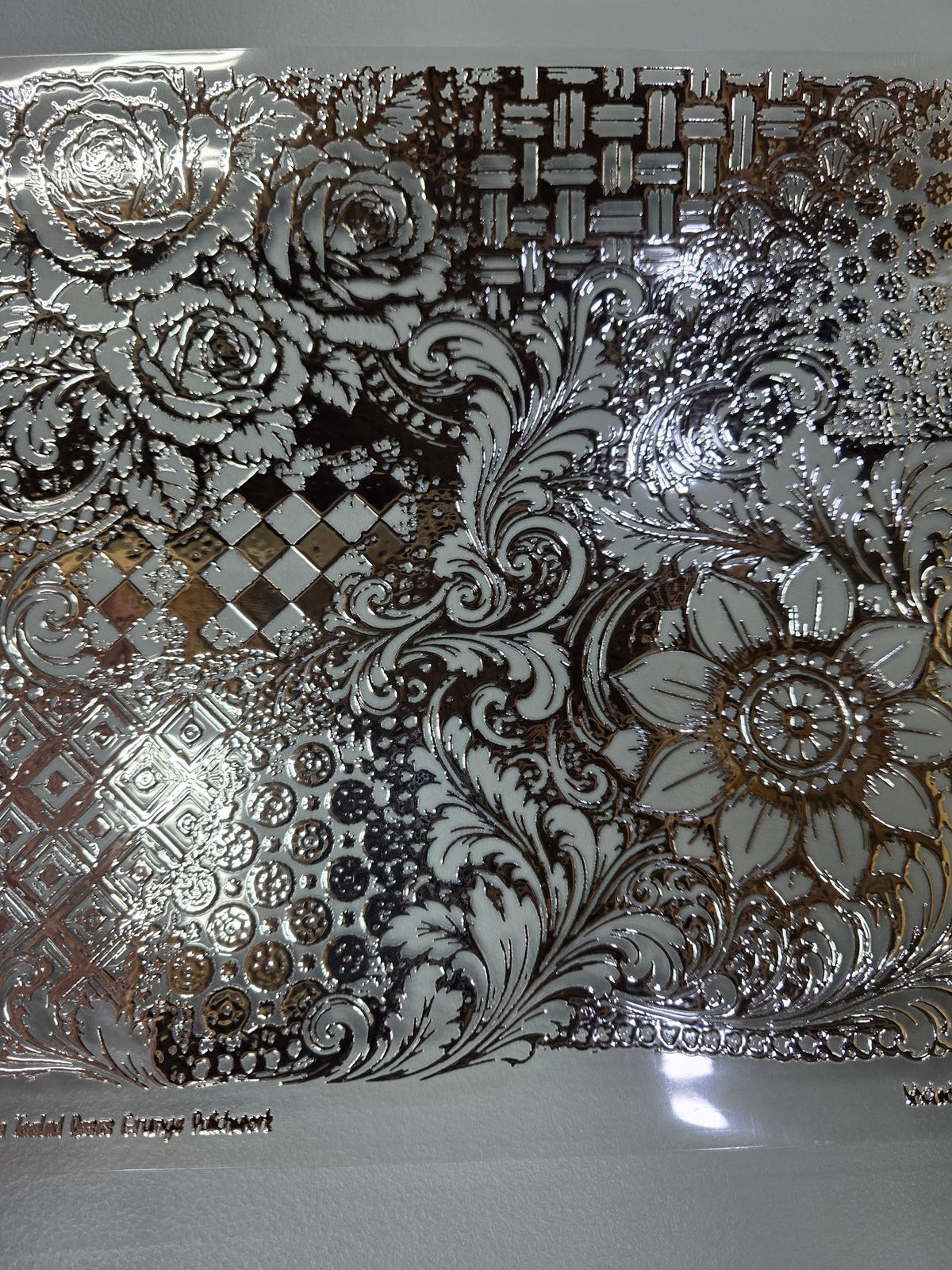 UVDTF Silver Metallic Western Tooled Roses Grunge Patchwork 11"x11"