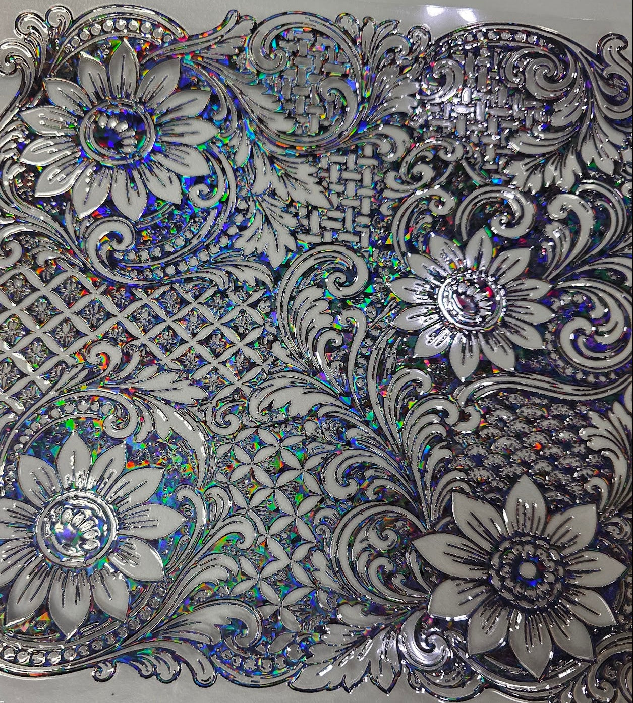 UVDTF Shattered Holographic Black Tooled Sunflowers 11"x11"