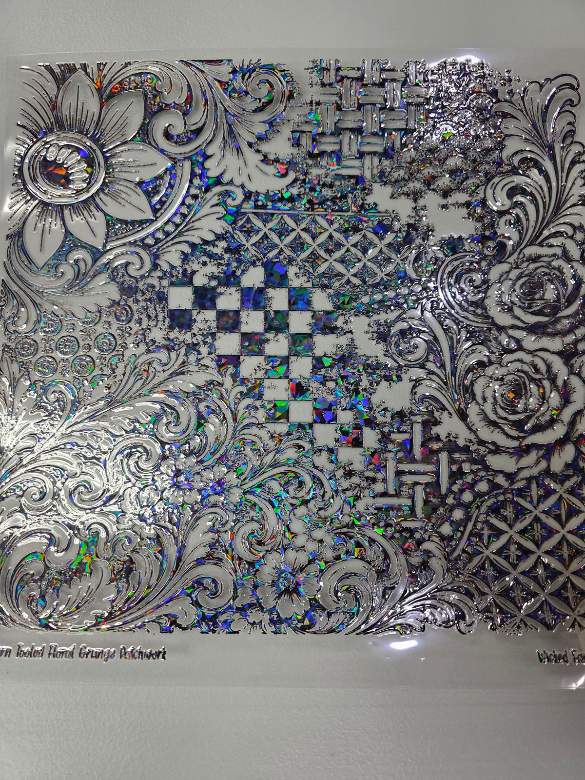 UVDTF Shattered Holographic Western Tooled Floral Grunge Patchwork 11"x11"