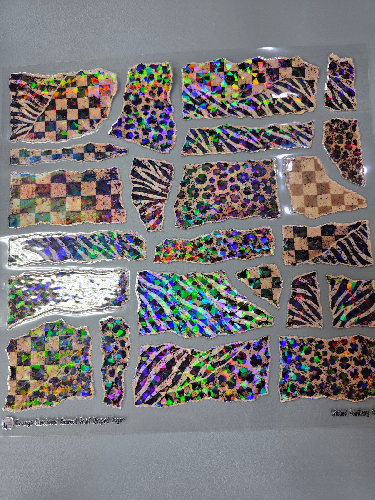 UVDTF Shattered Holographic Grunge Checkered Animal Print Ripped Pages 11x11"