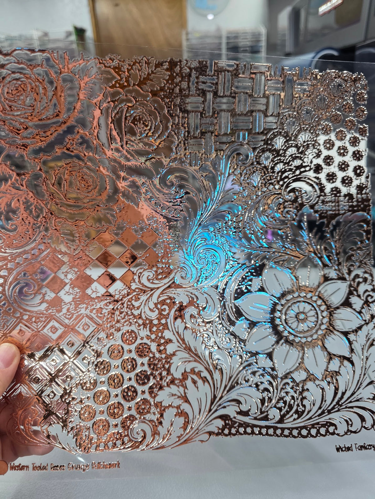 UVDTF Rose Gold Metallic Western Tooled Roses Grunge Patchwork 11"x11"