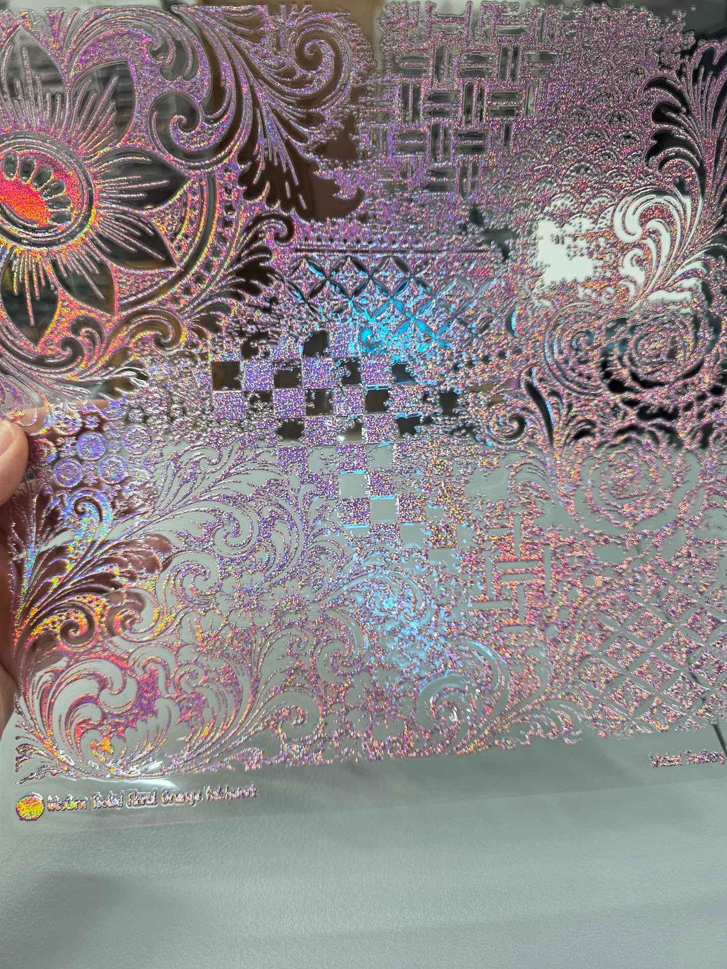 UVDTF Prism Rose Holographic Western Tooled Floral Grunge Patchwork 11"x11"