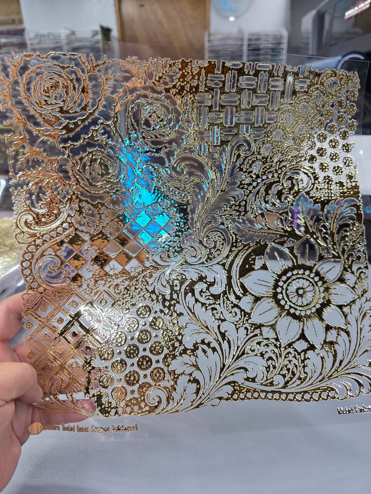UVDTF Champagne Metallic Western Tooled Roses Grunge Patchwork 11"x11"