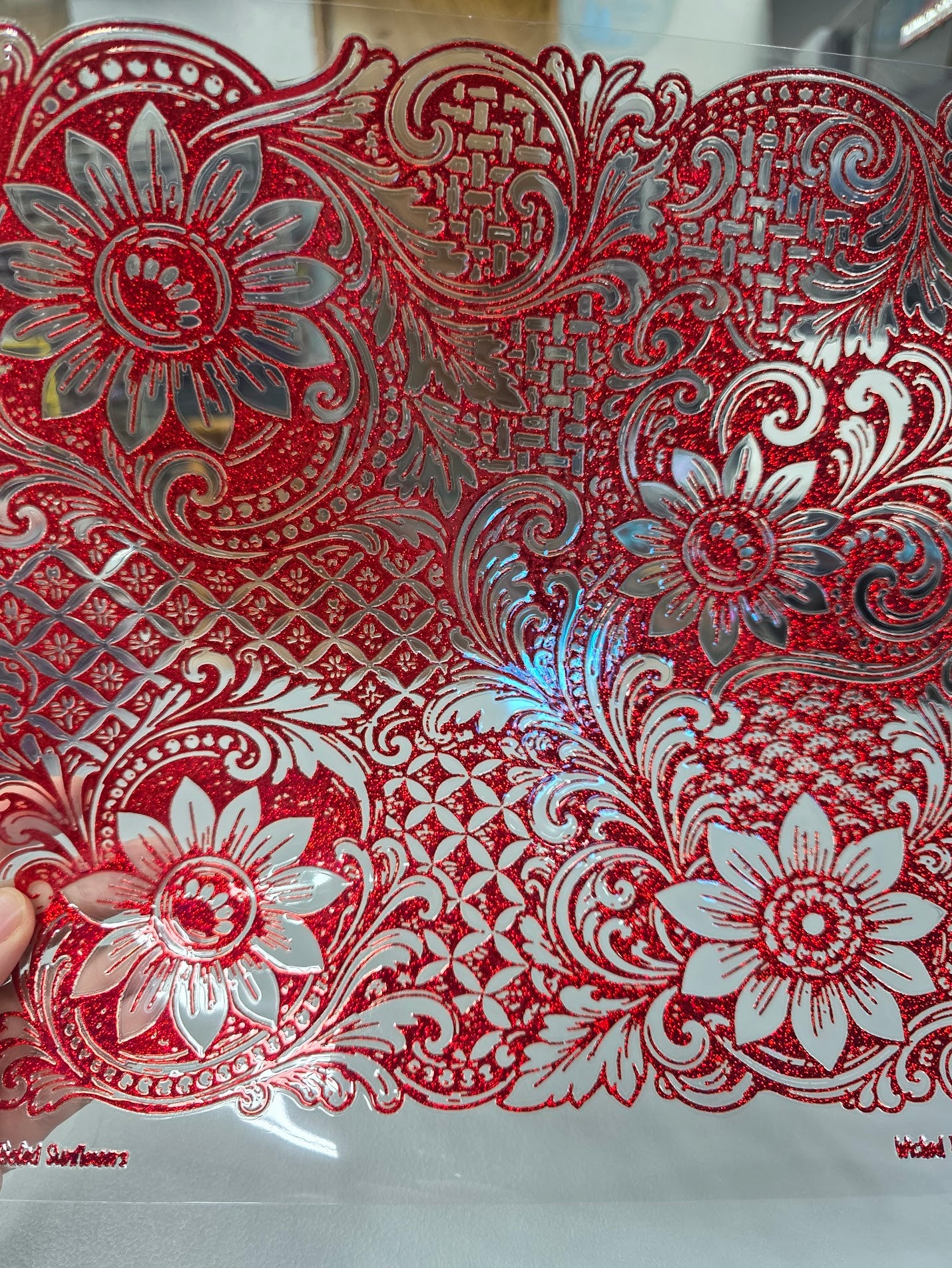UVDTF Prism Red Metallic Tooled Sunflowers 11"x11"