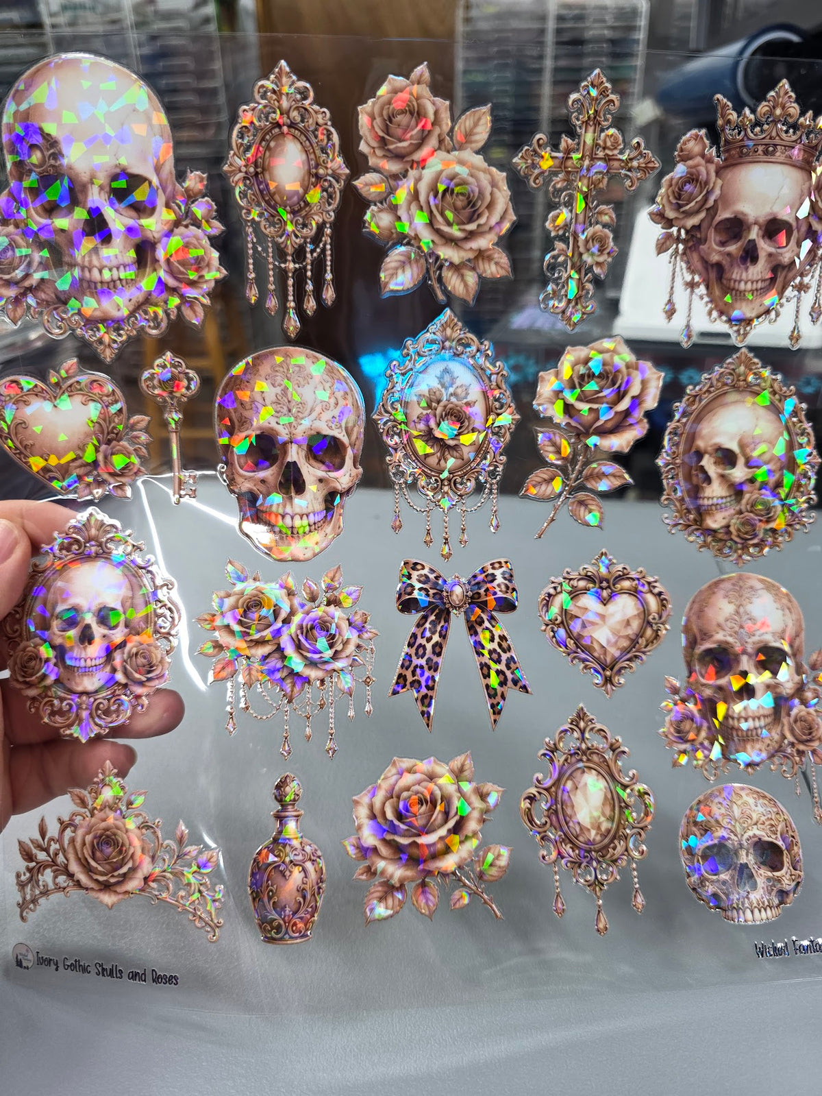 UVDTF Shattered Holographic Ivory Gothic Skulls and Roses 11"x11"