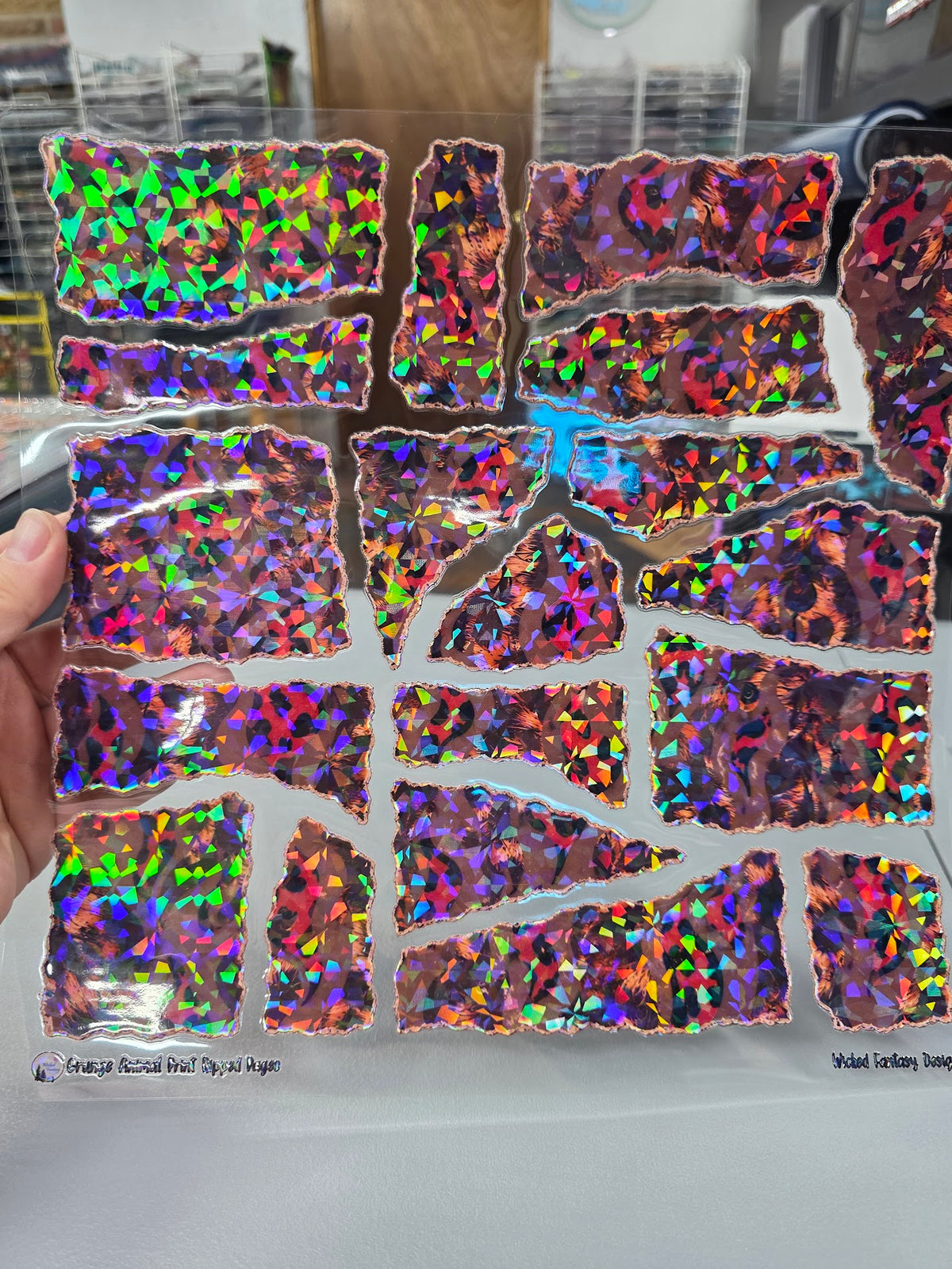 UVDTF Shattered Holographic Ripped Pages Grunge Leopard Print 11"x11"