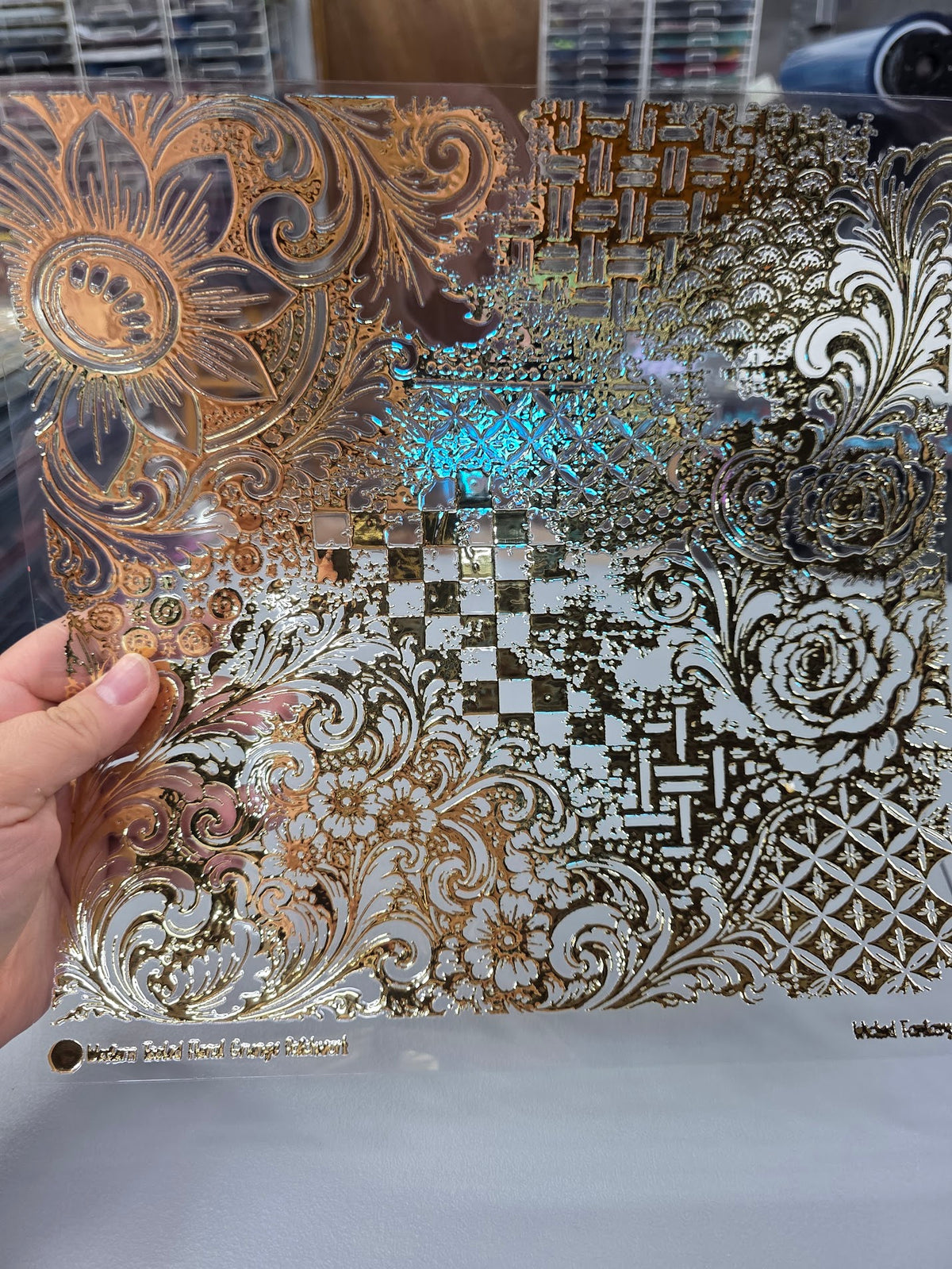 UVDTF Champagne Metallic Western Tooled Floral Grunge Patchwork 11"x11"