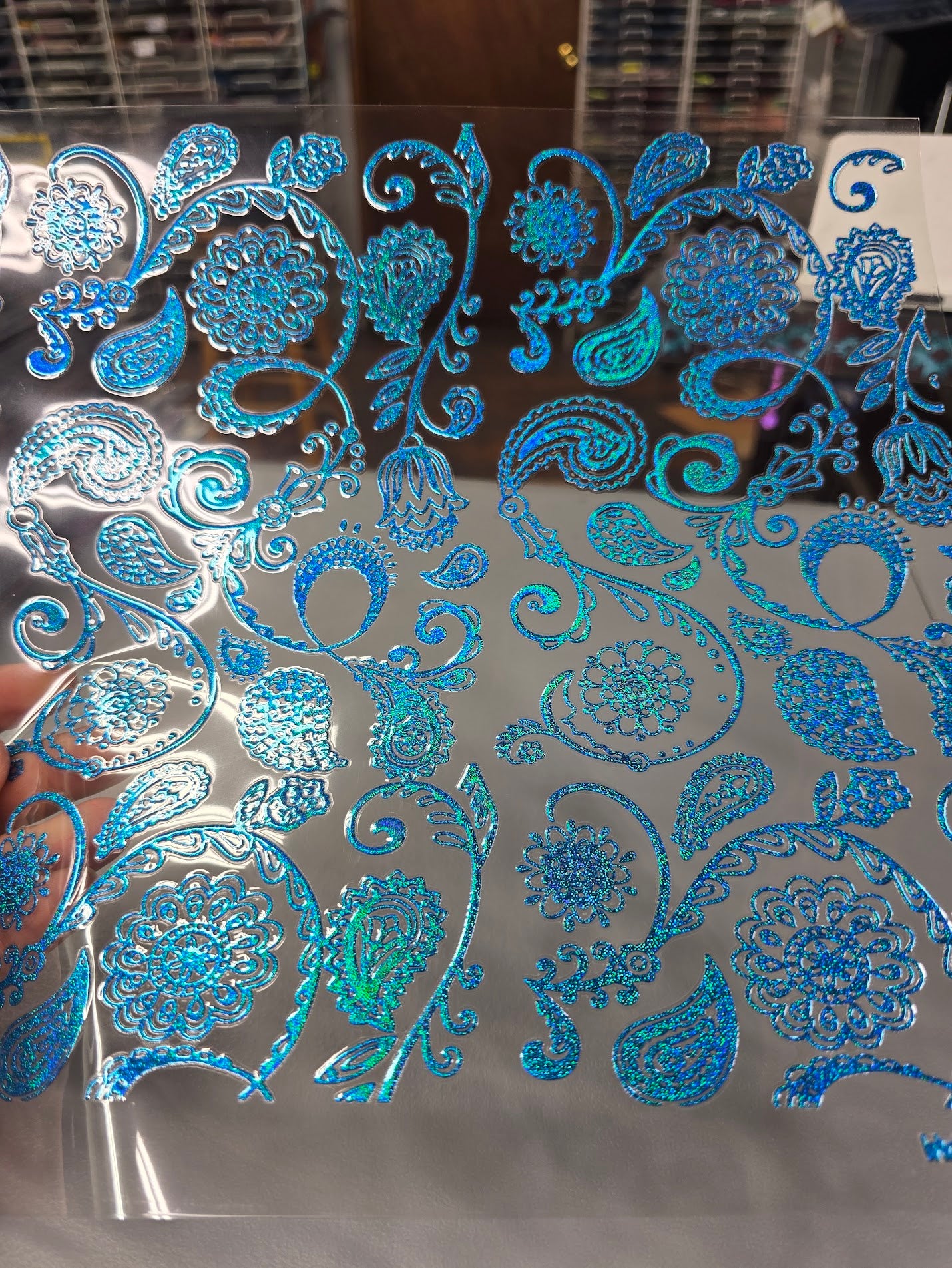 UVDTF Prism Blue Holographic Paisley Flourish 11"x11"